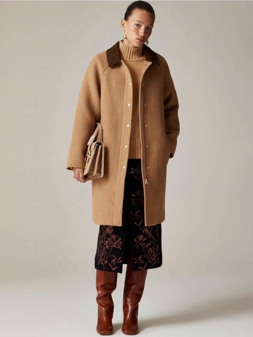 J. Crew Camel Wool-Blend Pea Coat with Dark Collar and Removable Hood